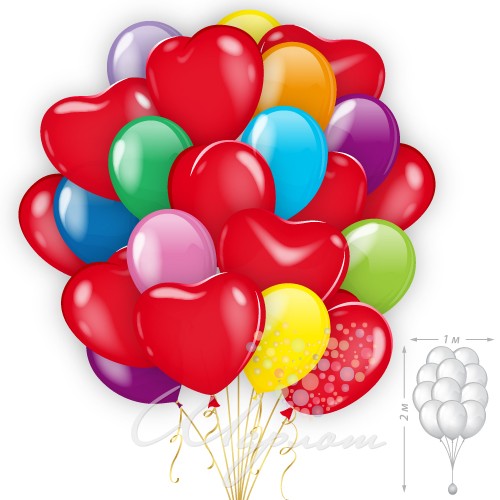 Воздушный шар Облако из 30 шаров и шаров-сердечек