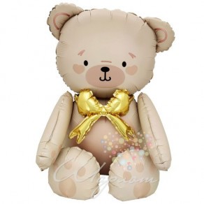Воздушные шары Ходящий шар "Мишка бежевый бант золотой"