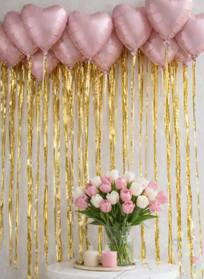 Воздушные шары Набор шаров под потолок "Сердца розовые сатин 15 штук на золотом дождике"