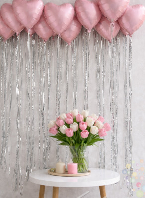 Воздушные шары Набор шаров под потолок "Сердца розовые сатин 15 штук на серебряном дождике"