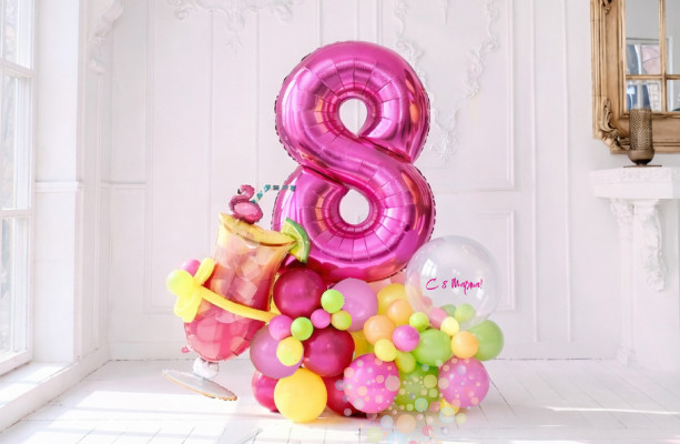 Воздушный шар Стойка "Яркое 8 марта с bubble (пузырь)"