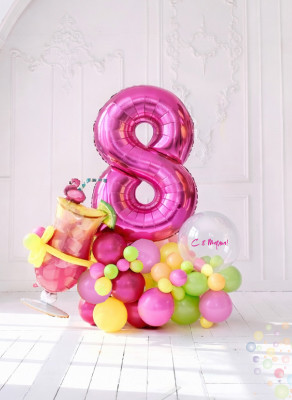 Воздушные шары Стойка "Яркое 8 марта с bubble (пузырь)"
