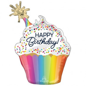 Воздушные шары Фигура Кекс конфетти радужное, "С днем рождения"