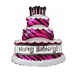 Воздушный шар Торт "С днем рождения" (розовый в полоску)