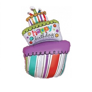 Воздушный шар Торт "С днем рождения" (белый в полоску)