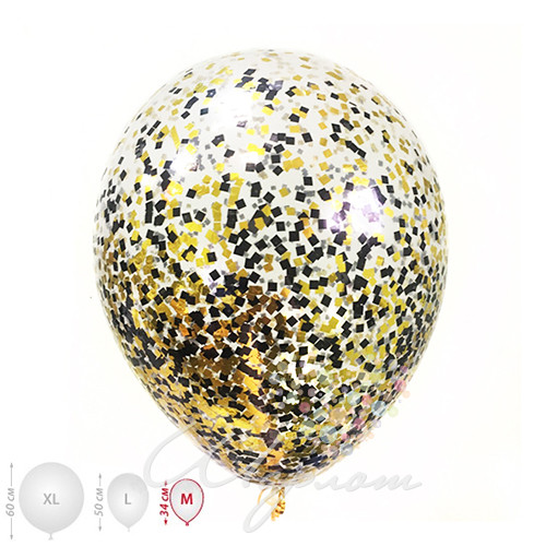 Воздушный шар Шарики прозрачные с черно-золотым конфетти (размер М)