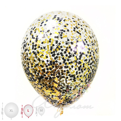 Воздушный шар Шарики прозрачные с черно-золотым конфетти (размер L)