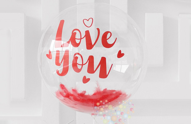 Воздушный шар Шар BUBBLE с перьями и надписью "Love you"