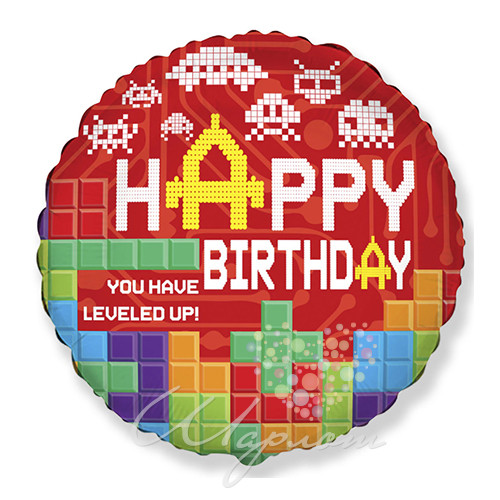 Воздушный шар Круг Happy Birthday (пиксели), красный