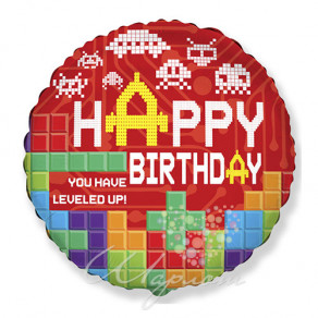 Воздушные шары Круг Happy Birthday (пиксели), красный