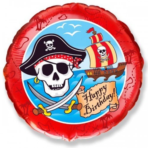 Воздушный шар Круг "С Днем Рождения" (пират) Красный