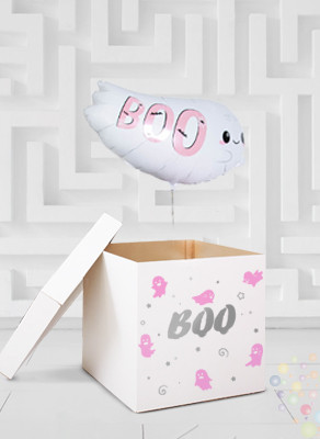 Воздушные шары Коробка белая "BOO" с розовыми привидениями