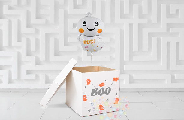 Воздушный шар Коробка белая "BOO"с оранжевыми привидениями