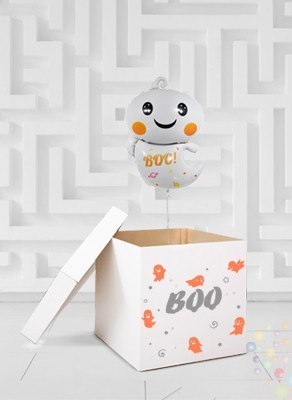 Воздушные шары Коробка белая "BOO"с оранжевыми привидениями