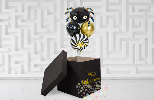 Воздушный шар Коробка черная "Happy Halloween" с летучей мышью 